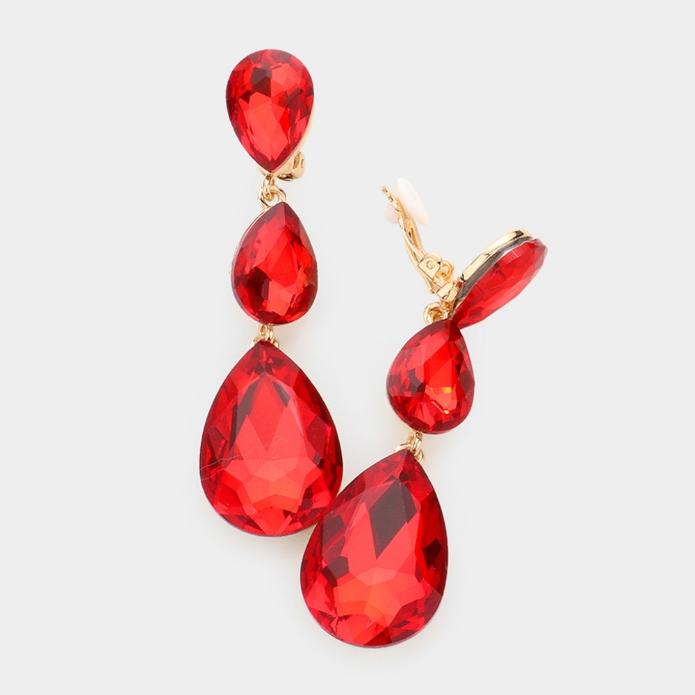 Red Dangle Crystal Clip On Earrings 3 Inch Triple Tear Drop ClipOns Jewelry